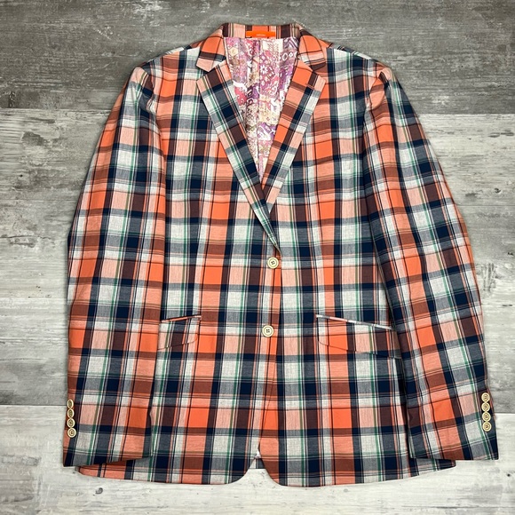 Tallia Orange, Navy, White Green Plaid Cotton Sport Coat 44L